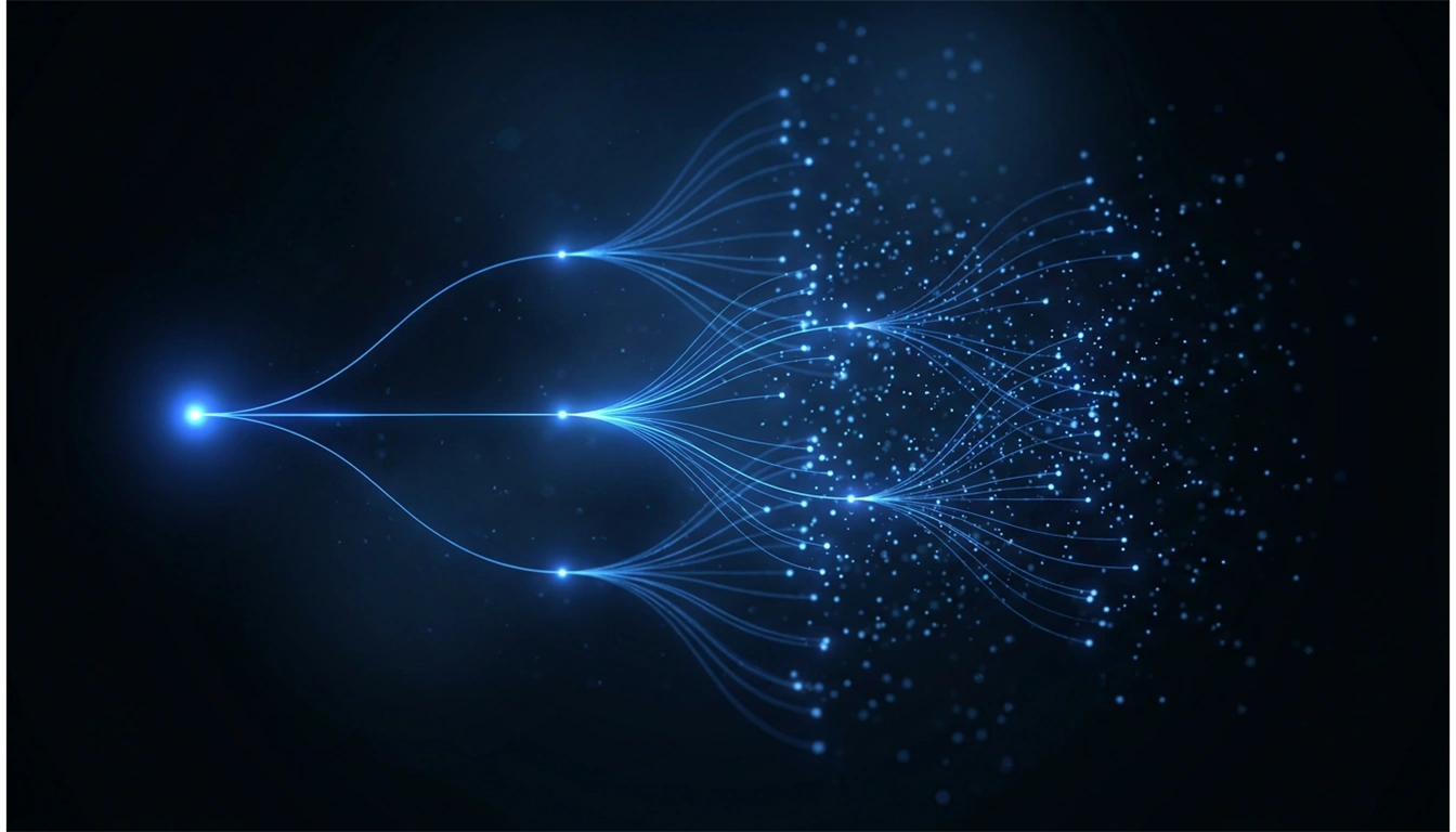A single blue point of light branching into three paths that scatter into fine lines and particles, on a dark field.