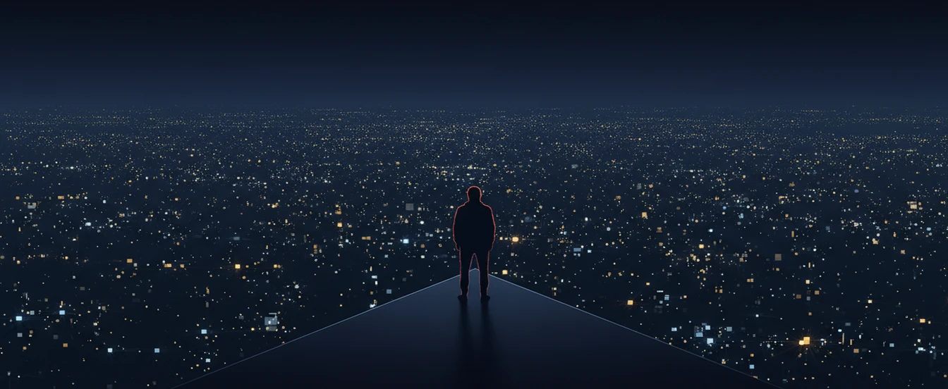 A lone figure standing on the tip of a narrow platform above a city of countless small lights stretching to the horizon, at night.