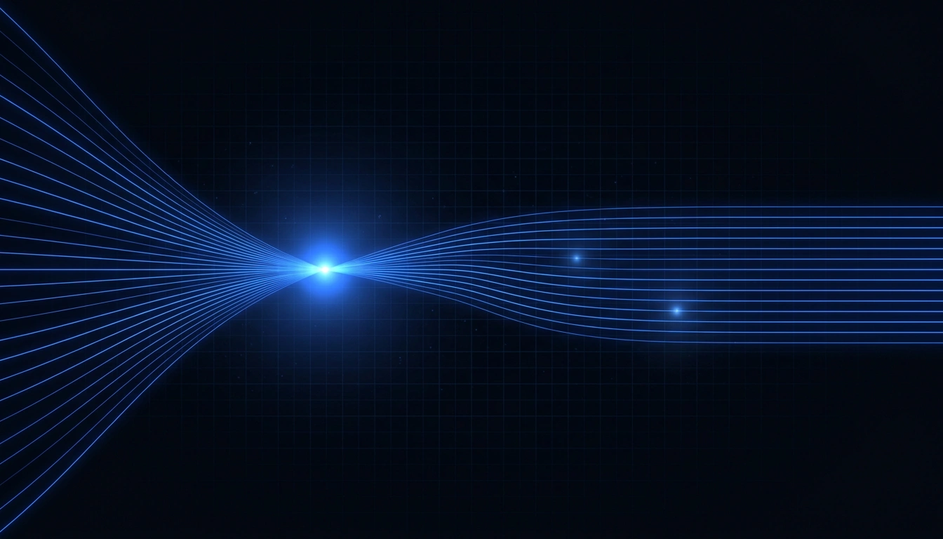 A bright blue point of light drawing a wide fan of lines in from the left and out to the right as straight parallel lines, with two fainter points further along, on a dark field.