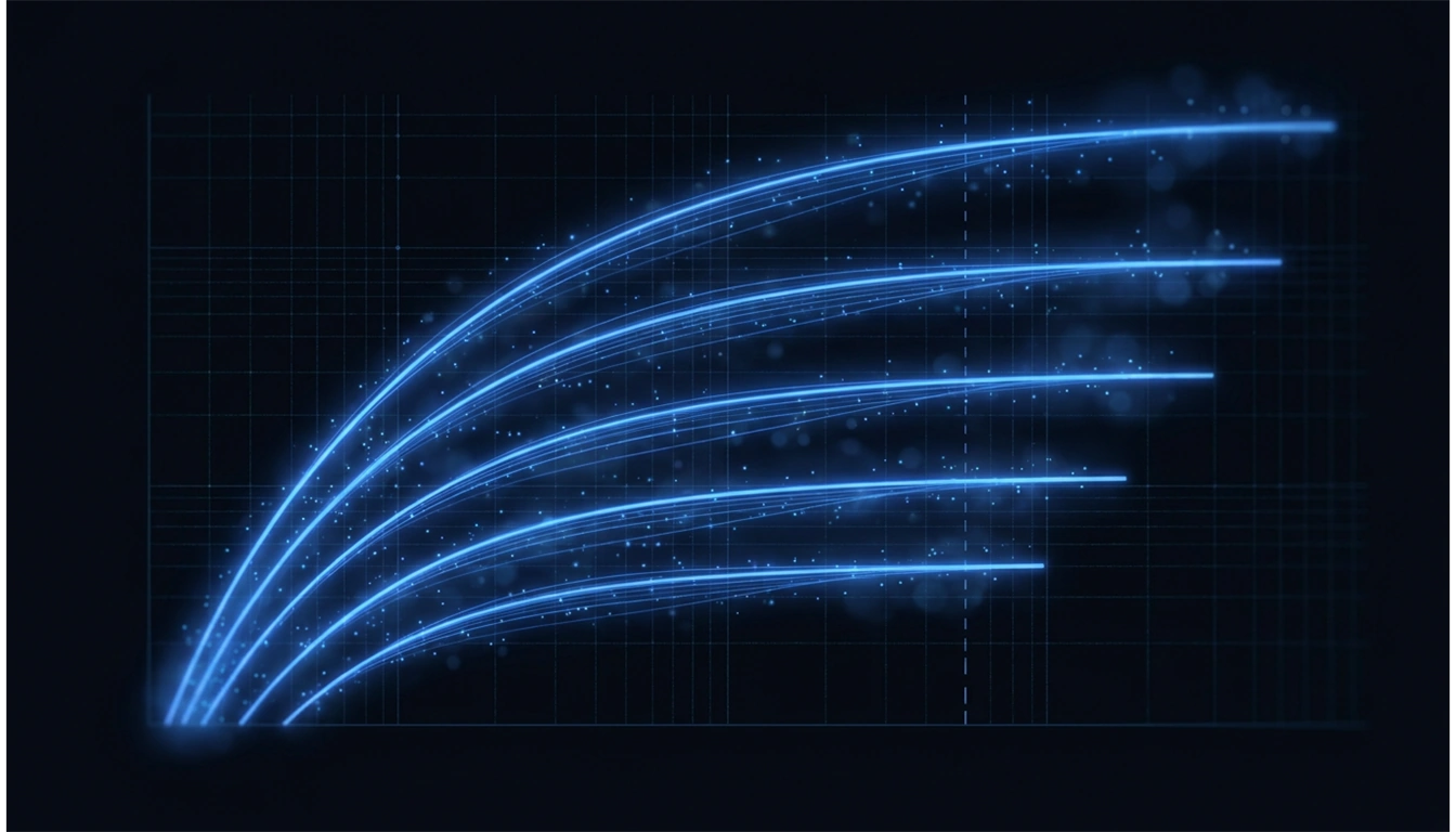 Five smooth blue curves sweeping across a faint grid, with one dashed vertical line near the right, on a dark field.