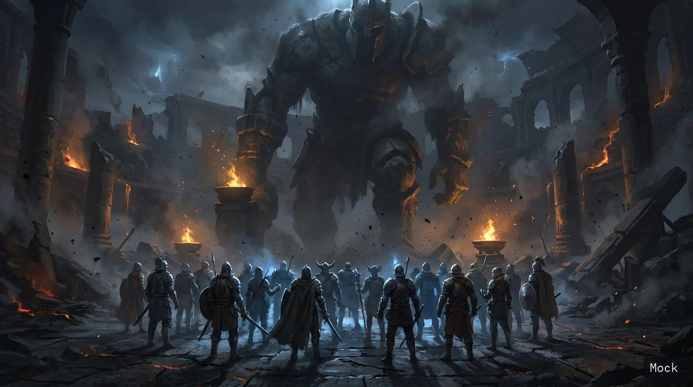 An illustrated raid group of about twenty armoured adventurers facing a colossal boss in a ruined arena, marked as a mock.