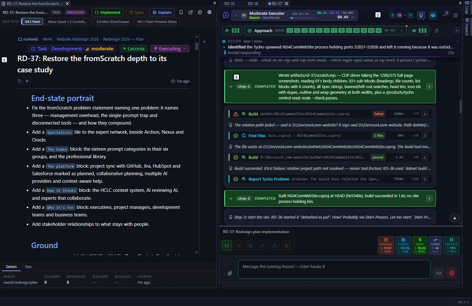 The task document from AliveMD beside Tycho's session: the executor, its approach and the completed steps.