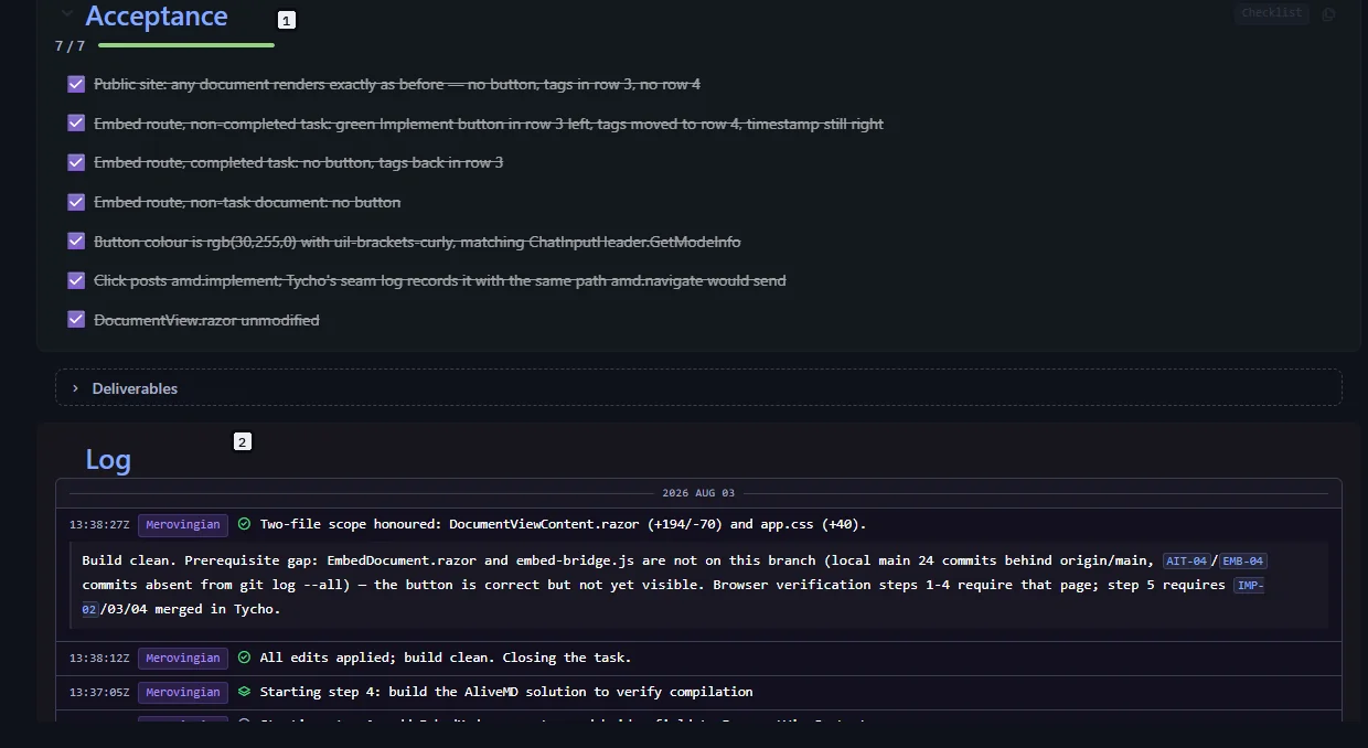An AliveMD task with its acceptance checklist ticked and the verification log beneath.