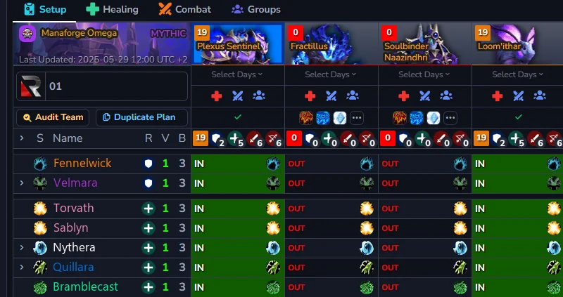 WRS plan setup: boss columns across the raid roster, each raider marked IN or OUT.