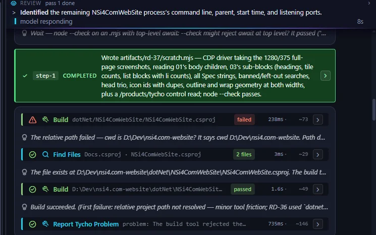 A Tycho session's middle column: completed steps and the tool calls between them, including a failed build.