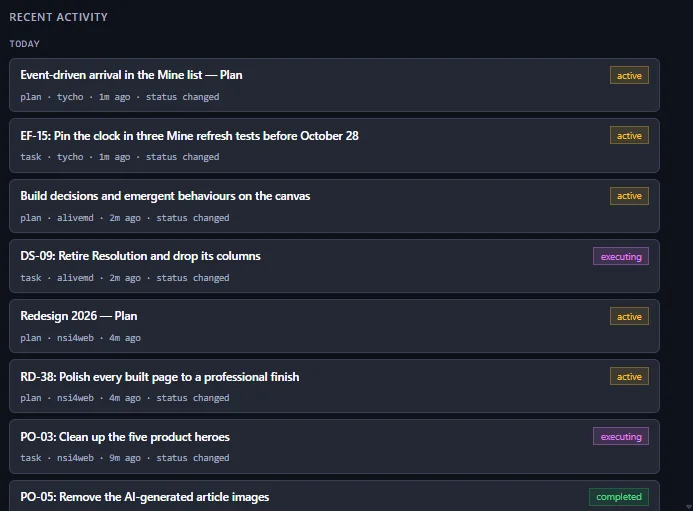 The AliveMD dashboard's recent activity column, each entry with its status chip.