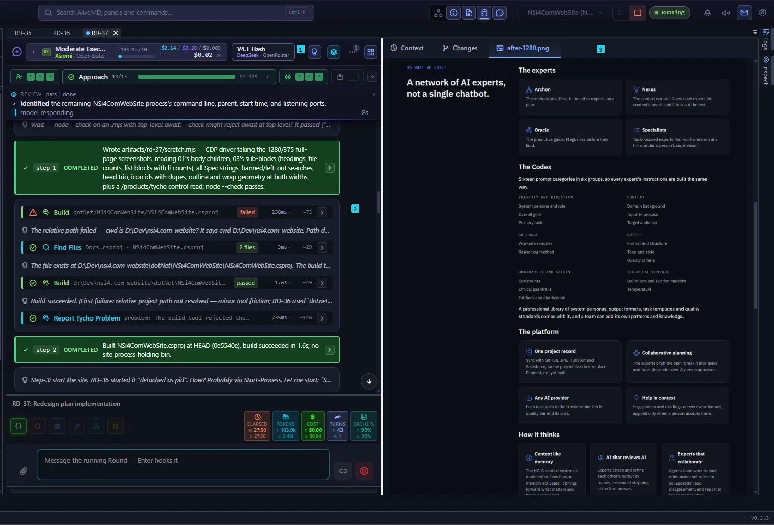 Tycho: the session with its executor, tool calls and the 1280 pixel capture of the changed page.